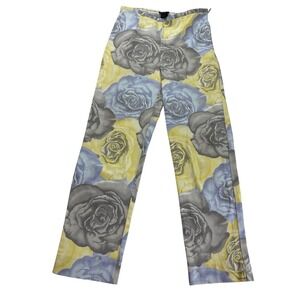 WilliSmith Stretch Floral Rose Print Pants Yellow Grey Blue High Waist Size 4